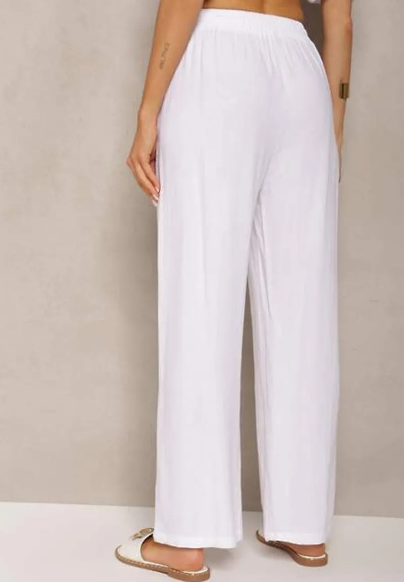 Białe Szerokie Spodnie z Wiskozy z Dodatkiem Lnu Delsira