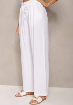 Białe Szerokie Spodnie z Wiskozy z Dodatkiem Lnu Delsira