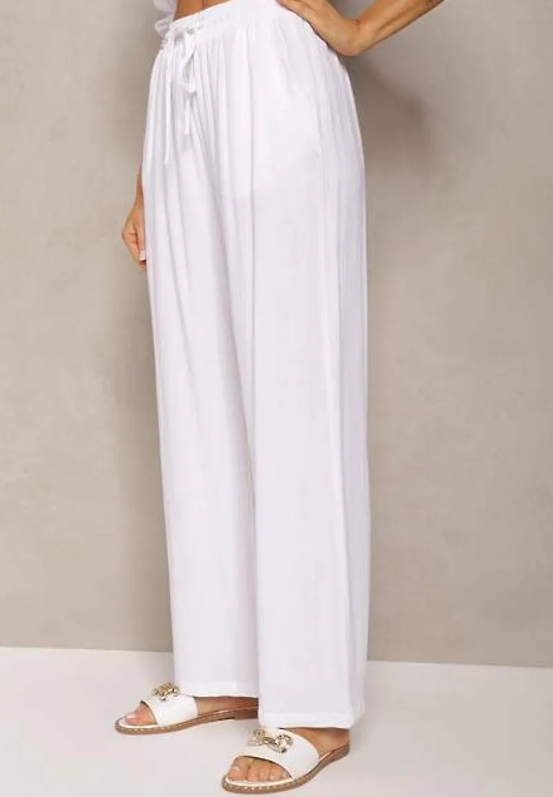 Białe Szerokie Spodnie z Wiskozy z Dodatkiem Lnu Delsira