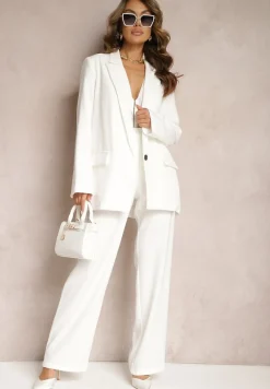 Białe Szerokie Spodnie z Zapięciem na Haczyk Brutris