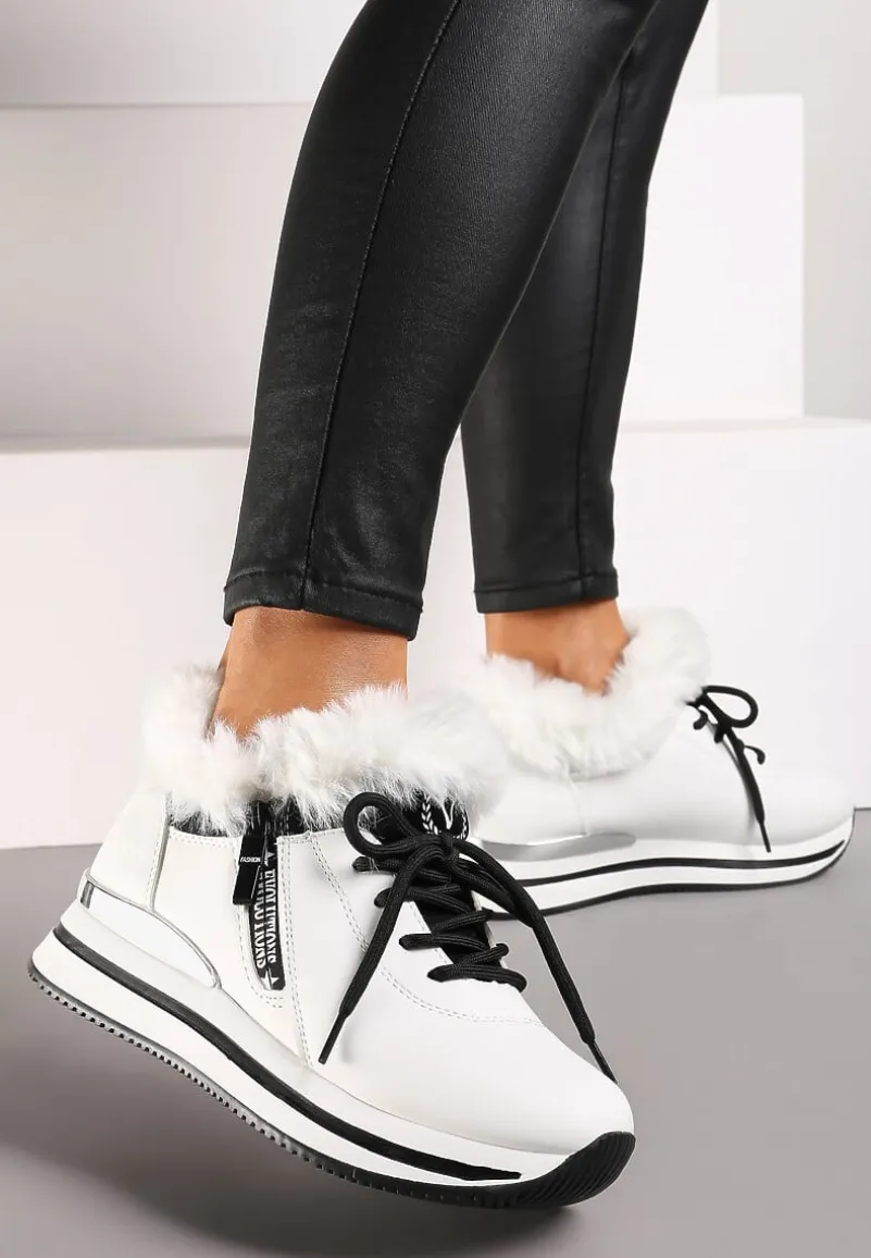 Białe Sznurowane Botki Sneakersy z Futerkiem Gameda