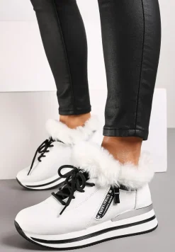 Białe Sznurowane Botki Sneakersy z Futerkiem Gameda