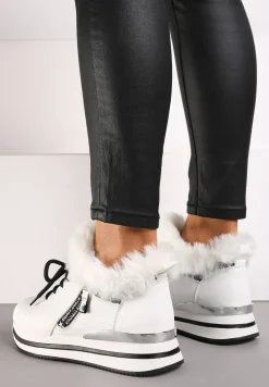 Białe Sznurowane Botki Sneakersy z Futerkiem Gameda
