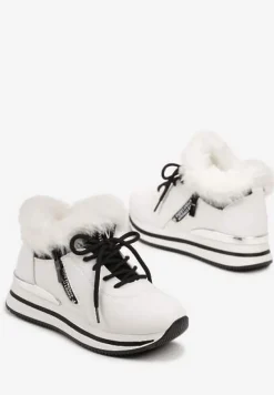 Białe Sznurowane Botki Sneakersy z Futerkiem Gameda