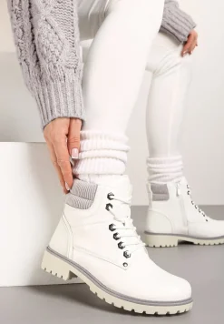 Białe Sznurowane Casualowe Traperki na Płaskiej Podeszwie Relobia