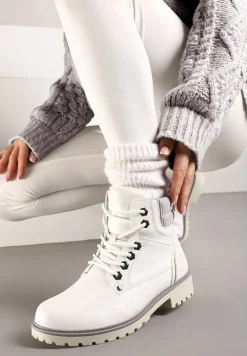 Białe Sznurowane Casualowe Traperki na Płaskiej Podeszwie Relobia