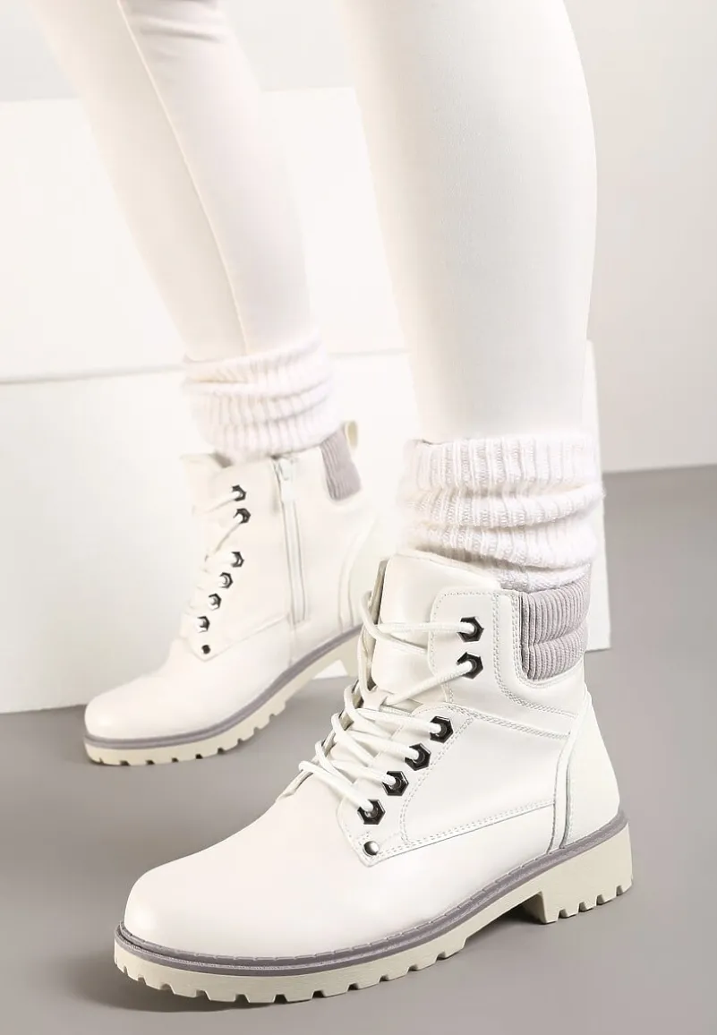 Białe Sznurowane Casualowe Traperki na Płaskiej Podeszwie Relobia