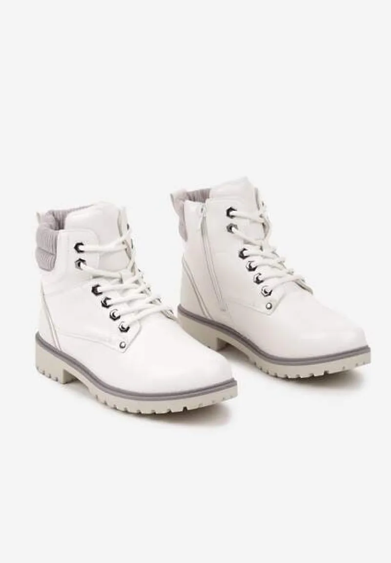 Białe Sznurowane Casualowe Traperki na Płaskiej Podeszwie Relobia