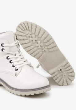 Białe Sznurowane Casualowe Traperki na Płaskiej Podeszwie Relobia