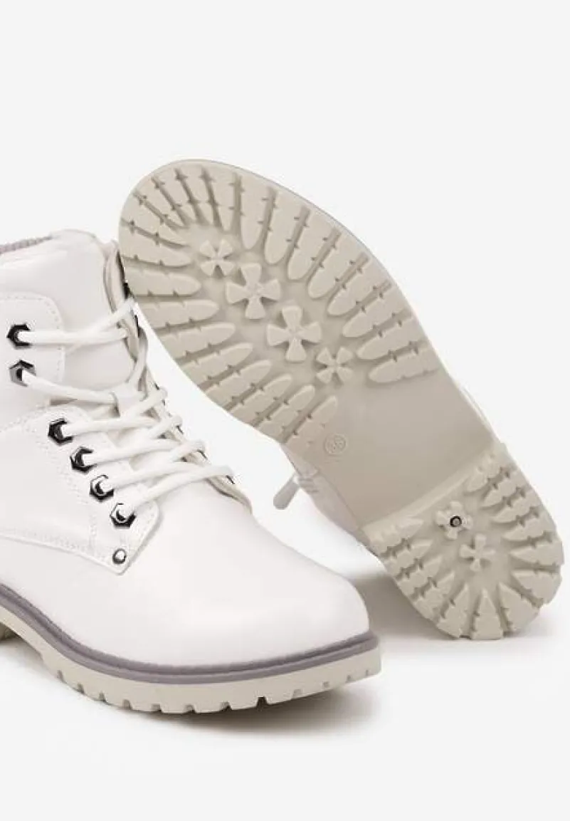 Białe Sznurowane Casualowe Traperki na Płaskiej Podeszwie Relobia