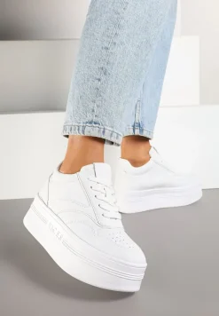 Białe Sznurowane Sneakersy Vices na Platformie z Metalicznymi Paskami Neliawen