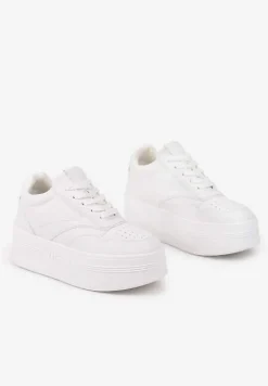 Białe Sznurowane Sneakersy Vices na Platformie z Metalicznymi Paskami Neliawen