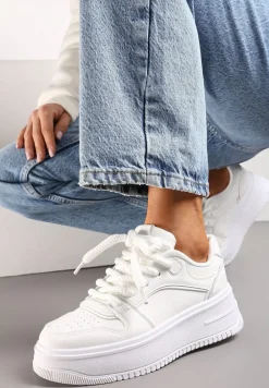 Białe Sznurowane Sneakersy na Platformie z Metalicznymi Wstawkami Arileva
