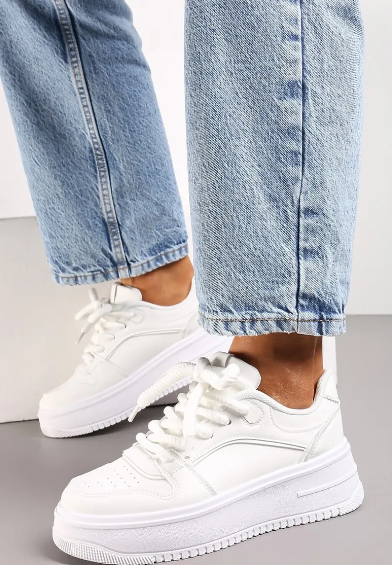 Białe Sznurowane Sneakersy na Platformie z Metalicznymi Wstawkami Arileva