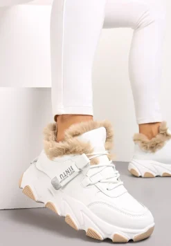 Białe Sznurowane Sneakersy Chunky z Futerkiem i Grubą Podeszwą Nimfore