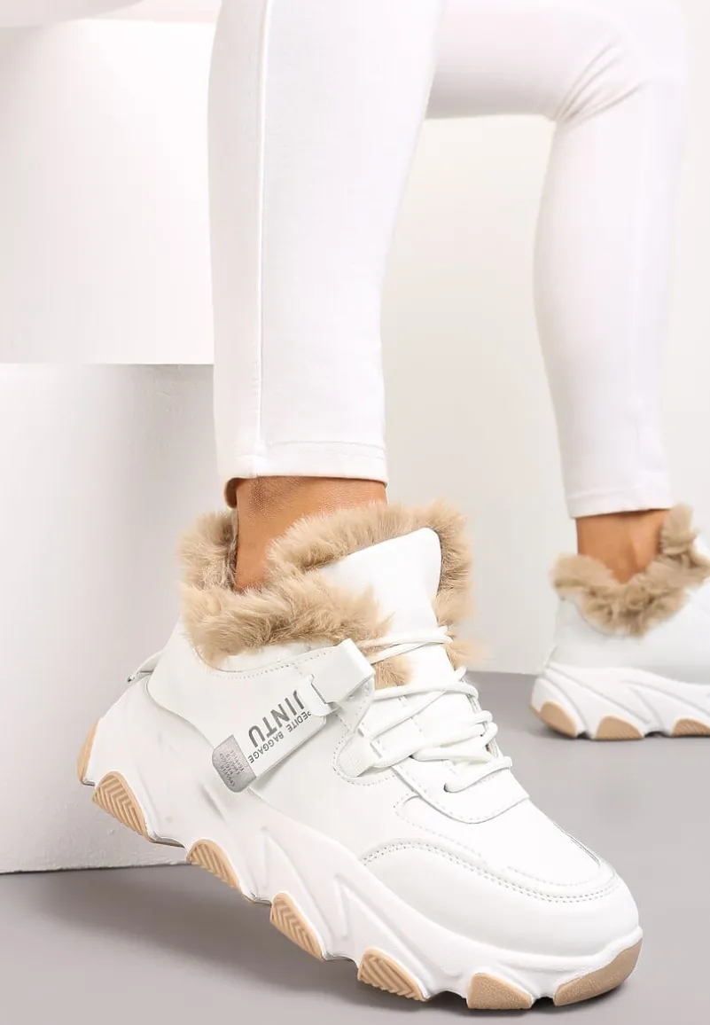 Białe Sznurowane Sneakersy Chunky z Futerkiem i Grubą Podeszwą Nimfore