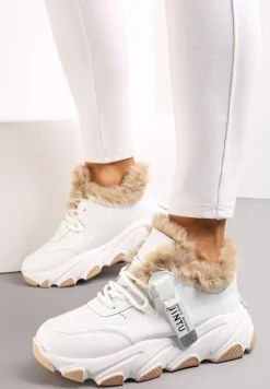 Białe Sznurowane Sneakersy Chunky z Futerkiem i Grubą Podeszwą Nimfore