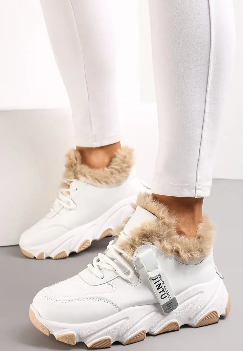 Białe Sznurowane Sneakersy Chunky z Futerkiem i Grubą Podeszwą Nimfore
