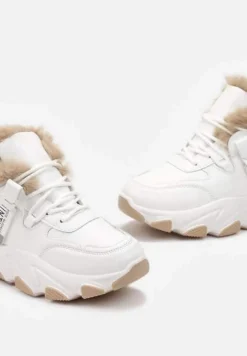Białe Sznurowane Sneakersy Chunky z Futerkiem i Grubą Podeszwą Nimfore