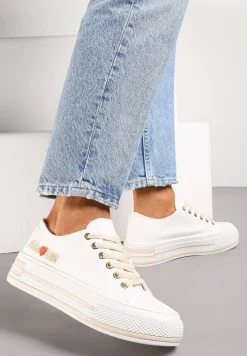 Białe Sznurowane Trampki na Grubej Podeszwie z Aplikacją Aniler