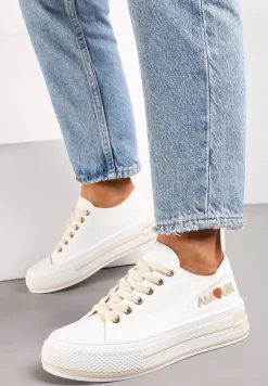 Białe Sznurowane Trampki na Grubej Podeszwie z Aplikacją Aniler