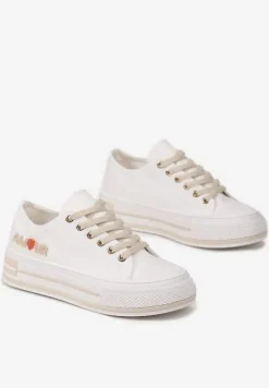 Białe Sznurowane Trampki na Grubej Podeszwie z Aplikacją Aniler