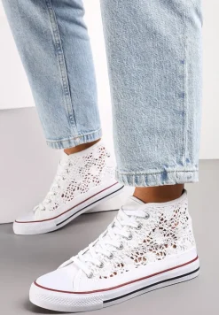 Białe Sznurowane Trampki Ozdobione Ażurowym Wzorem Bokra