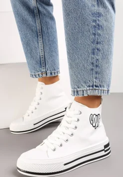 Białe Sznurowane Trampki za Kostkę z Naszywką z Napisem i Grubą Podeszwą Bretva