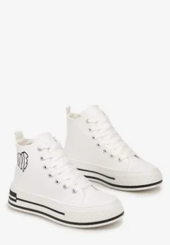 Białe Sznurowane Trampki za Kostkę z Naszywką z Napisem i Grubą Podeszwą Bretva