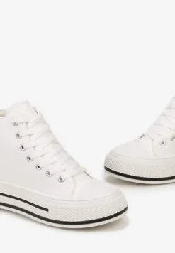 Białe Sznurowane Trampki za Kostkę z Naszywką z Napisem i Grubą Podeszwą Bretva