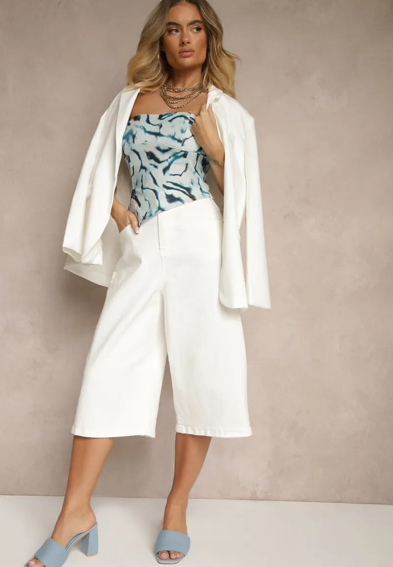 Białe Szorty Jeansowe High Waist Typu Bermudy Baggy Sonallea