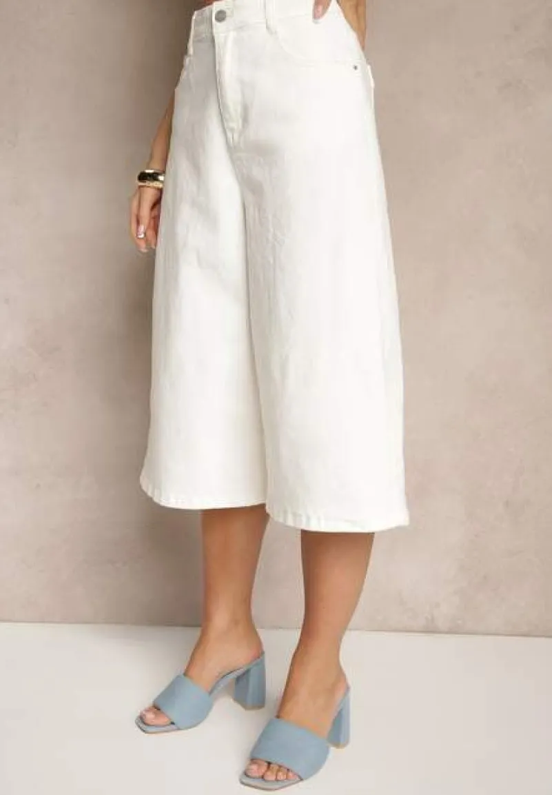 Białe Szorty Jeansowe High Waist Typu Bermudy Baggy Sonallea