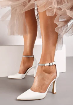 Białe Szpilki Klepsydrowe z Paskiem Ozdobionym Cyrkoniami Keramla