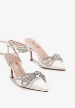 Białe Szpilki z Paskami i Kokardką w Cyrkonie Carolia