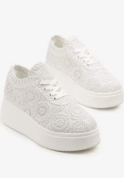 Białe Szydełkowe Sneakersy Typu Tenisówki na Platformie Filalena