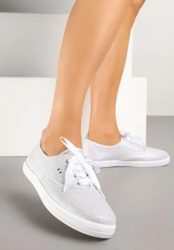 Białe Tenisówki Brokatowe z Ozdobnymi Sznurowadłami Palmena