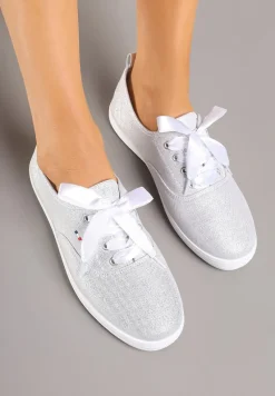 Białe Tenisówki Brokatowe z Ozdobnymi Sznurowadłami Palmena
