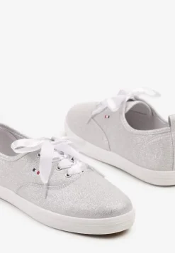 Białe Tenisówki Brokatowe z Ozdobnymi Sznurowadłami Palmena