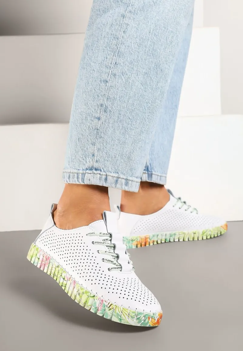 Białe Tenisówki ze Skóry Naturalnej Zdobione Perforacją Hanilwen