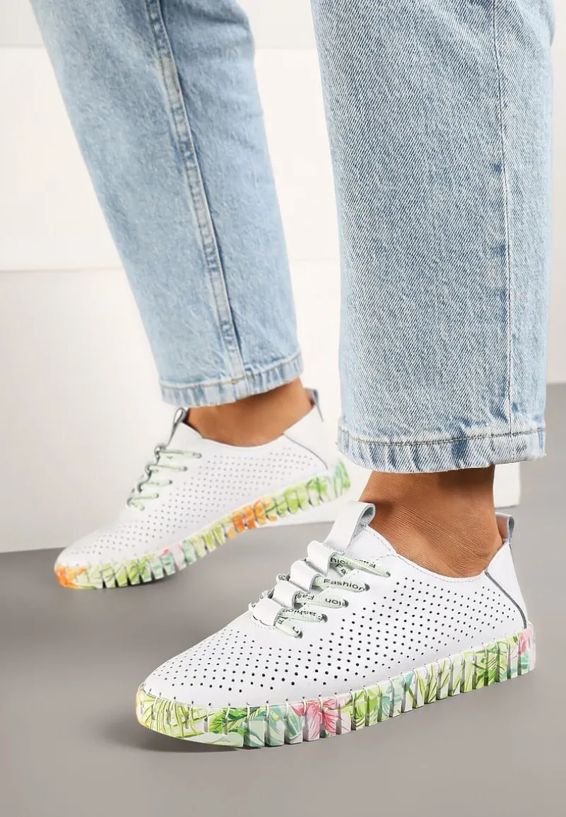 Białe Tenisówki ze Skóry Naturalnej Zdobione Perforacją Hanilwen