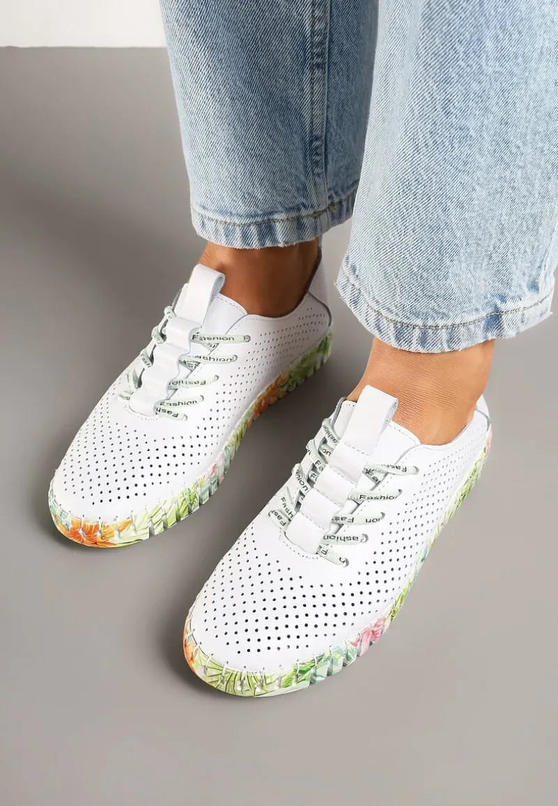 Białe Tenisówki ze Skóry Naturalnej Zdobione Perforacją Hanilwen