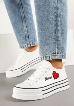 Białe Trampki na Grubej Podeszwie z Aplikacją i Napisem Eheria