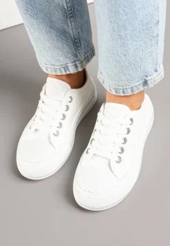 Białe Trampki na Platformie z Niską Cholewką i Koronką Jenalora