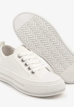 Białe Trampki na Platformie z Niską Cholewką i Koronką Jenalora