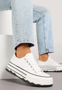 Białe Trampki na Platformie z Paskami i Niską Cholewką Zienelle