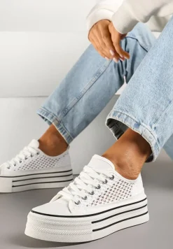 Białe Trampki na Platformie Ozdobione Koronką Emozi