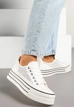 Białe Trampki na Platformie Ozdobione Koronką Emozi