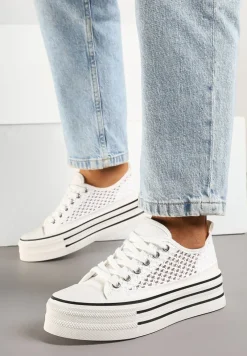 Białe Trampki na Platformie Ozdobione Koronką Emozi