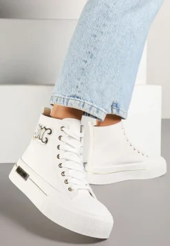 Białe Trampki na Platformie z Wysoką Cholewką i Naszywką Nurissea