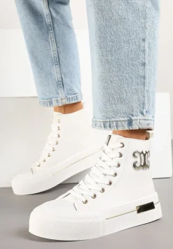 Białe Trampki na Platformie z Wysoką Cholewką i Naszywką Nurissea